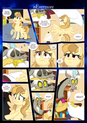 Size: 3259x4607 | Tagged: safe, artist:estories, imported from derpibooru, discord, oc, oc:alice goldenfeather, draconequus, pegasus, pony, comic:nevermore, comic, onomatopoeia, open mouth, pegasus oc, sleeping, sound effects, speech bubble, stomping, we don't normally wear clothes, zzz