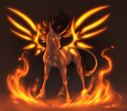 Size: 1920x1680 | Tagged: safe, artist:dementra369, imported from derpibooru, oc, oc only, pony, unicorn, artificial wings, augmented, concave belly, ear piercing, fire, glowing, glowing eyes, leonine tail, looking at you, magic, magic wings, male, muscles, piercing, ribs, slim, solo, sternocleidomastoid, tail, thin, unshorn fetlocks, wings