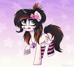 Size: 3100x2800 | Tagged: safe, artist:madelinne, imported from derpibooru, oc, oc only, oc:bloody herb, pony, unicorn, bow, clothes, green eyes, happy, jewelry, necklace, socks, solo, striped socks