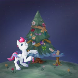 Size: 4096x4096 | Tagged: safe, artist:felldeal, imported from derpibooru, zipp storm, pegasus, pony, series:daily drawing december, christmas, cup, female, flower, g5, holiday, mare, night, sky, solo, standing on two hooves, stars, table, teacup, teapot, tree