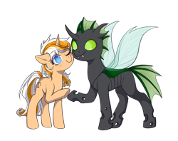 Size: 1891x1501 | Tagged: safe, artist:longfeather, derpibooru exclusive, imported from derpibooru, oc, oc only, oc:accurate balance, oc:utopia, changeling, pony, unicorn, derpibooru community collaboration, 2023 community collab, accopia, blushing, green changeling, holding hooves, simple background, transparent background, white background