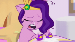 Size: 800x450 | Tagged: safe, imported from derpibooru, screencap, pipp petals, pegasus, pony, spoiler:g5, spoiler:my little pony: tell your tale, spoiler:tyts01e41, a day in the life, animated, eyes closed, g5, gif, headband, messy mane, my little pony: tell your tale, nose blowing, pinpoint eyes, runny nose, sick, sneezing, snot, solo, tissue, youtube link