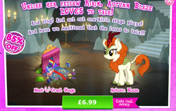 Size: 1959x1233 | Tagged: safe, imported from derpibooru, autumn blaze, coloratura, kirin, advertisement, bush, camera, cloven hooves, costs real money, countess coloratura, curtains, english, female, gameloft, horn, mobile game, my little pony: magic princess, numbers, official, quill, sale, solo, solo focus, stage, text