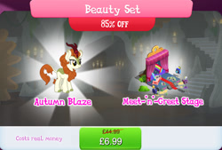 Size: 1267x856 | Tagged: safe, imported from derpibooru, autumn blaze, coloratura, kirin, bundle, bush, camera, cloven hooves, costs real money, countess coloratura, curtains, english, female, gameloft, horn, mobile game, my little pony: magic princess, numbers, official, quill, sale, solo, solo focus, stage, text