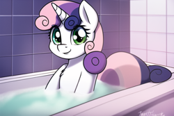 Size: 768x512 | Tagged: safe, imported from derpibooru, sweetie belle, pony, unicorn, ai content, ai generated, bath, bathing, bathroom, bathtub, female, filly, foal, generator:novelai, generator:stable diffusion, impossibly long tail, tail