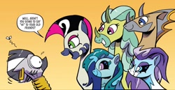 Size: 1334x688 | Tagged: safe, artist:andypriceart, idw, imported from derpibooru, cactus rose, marini, medley brook, zecora, abada, kelpie, zebra, spoiler:comic, spoiler:comic89, crystal (g4), dialogue, dust devil (idw), emanata, faic, female, g4, gradient background, group, mare, nonbinary, season 10, speech bubble, surprised