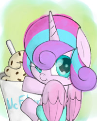 Size: 1200x1500 | Tagged: safe, artist:andromedasparkz, imported from derpibooru, princess flurry heart, alicorn, pony, cup, cute, diaper, female, filly, foal, food, ice cream, namesake, palindrome get, princess mcflurry, pun, solo, straw, visual pun