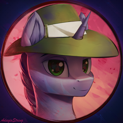 Size: 2000x2000 | Tagged: safe, artist:adagiostring, imported from derpibooru, oc, oc only, pony, unicorn, zebra, bust, commission, hat, looking at you, male, portrait, simple background, species swap, zebra oc