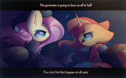 Size: 2350x1450 | Tagged: safe, artist:miryelis, imported from derpibooru, fluttershy, sunset shimmer, pegasus, pony, unicorn, big ears, clothes, crossover, duo, duo female, female, frostpunk, hat, impossibly large ears, long hair, looking at each other, looking at someone, scarf, snow, text, windswept mane