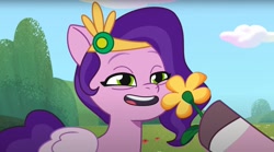 Size: 1678x934 | Tagged: safe, imported from derpibooru, screencap, pipp petals, earth pony, pegasus, pony, spoiler:g5, spoiler:my little pony: tell your tale, spoiler:tyts01e41, a day in the life, dahlia, eye bag, female, flower, g5, mare, my little pony: tell your tale, pipp petals is best facemaker