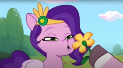 Size: 1680x932 | Tagged: safe, imported from derpibooru, screencap, pipp petals, earth pony, pegasus, pony, spoiler:g5, spoiler:my little pony: tell your tale, spoiler:tyts01e41, a day in the life, dahlia, eye bag, female, flower, g5, mare, my little pony: tell your tale, pipp petals is best facemaker