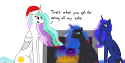 Size: 1637x828 | Tagged: safe, artist:nismorose, imported from derpibooru, nightmare moon, princess celestia, princess luna, alicorn, pony, annoyed, blue eyes, canterlot castle, chest fluff, christmas, christmas presents, christmas stocking, clothes, coal, digital art, ear fluff, ethereal mane, ethereal tail, eyelashes, eyeshadow, family, female, fire, fireplace, g4, giggling, glare, glowing, glowing horn, hat, hearts warming day, holiday, horn, indoors, magic, magic aura, makeup, mare, prank, punish the villain, revenge, santa hat, see-through, siblings, sisters, sitting, slit pupils, slouching, smiling, smirk, sparkly mane, sparkly tail, speech, starry mane, starry tail, stockings, tail, talking, telekinesis, text, thigh highs, trio, trollestia, trolling, wings