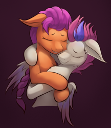 Size: 2304x2655 | Tagged: safe, artist:foxpit, imported from derpibooru, sunny starscout, zipp storm, earth pony, pegasus, pony, bust, cheek fluff, chest fluff, duo, duo female, eyes closed, female, floppy ears, g5, high res, hug, mare, maroon background, simple background, smiling, wings