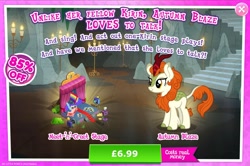 Size: 1956x1300 | Tagged: safe, imported from derpibooru, autumn blaze, coloratura, kirin, advertisement, bush, camera, cloven hooves, costs real money, countess coloratura, curtains, english, female, gameloft, horn, mobile game, my little pony: magic princess, numbers, official, quill, sale, solo, solo focus, stage, text
