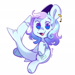 Size: 2048x2048 | Tagged: safe, artist:yun_nhee, imported from derpibooru, oc, oc only, oc:wavebud, original species, shark, shark pony, chibi, cute, ear piercing, eye lashes, fangs, female, fins, jewelry, mare, piercing, simple background, solo, two toned mane, white background