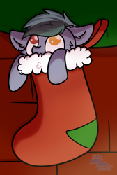 Size: 2189x3265 | Tagged: safe, artist:exobass, imported from derpibooru, oc, oc only, oc:scrimmy, bat pony, pony, bat pony oc, christmas, christmas stocking, commission, complex background, heterochromia, holiday, looking up, male, solo, ych result