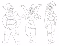 Size: 2886x2251 | Tagged: safe, artist:catstuxedo, imported from derpibooru, applejack, fluttershy, twilight sparkle, human, alicorn humanization, belly button, commission, female, high res, horned humanization, humanized, monochrome, trio, trio female, winged humanization