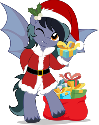 Size: 3959x5000 | Tagged: safe, artist:jhayarr23, imported from derpibooru, oc, oc only, oc:scrimmy, bat pony, pony, bag, bat pony oc, bat wings, bipedal, christmas, clothes, commission, costume, cute, fangs, hat, heterochromia, holding a present, holiday, looking at you, male, mistleholly, ocbetes, one eye closed, present, santa costume, santa hat, simple background, smiling, solo, spread wings, transparent background, unshorn fetlocks, wings, wink, winking at you, ych result