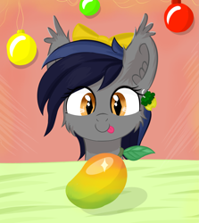 Size: 3333x3743 | Tagged: safe, artist:fa11en, imported from derpibooru, oc, oc only, oc:echo, bat pony, pony, bat pony oc, bow, ear fluff, food, hair bow, herbivore, hungry, imminent nom, mango, piercing, solo, tongue out