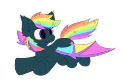 Size: 3986x2682 | Tagged: safe, artist:monycaalot, imported from derpibooru, oc, oc only, oc:prism star, bat pony, pony, derpibooru community collaboration, 2023 community collab, bat pony oc, bat wings, commission, fangs, flying, heterochromia, male, multicolored hair, rainbow hair, simple background, smiling, solo, spread wings, transparent background, wings