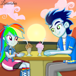 Size: 1300x1300 | Tagged: safe, artist:mlplary6, imported from derpibooru, rainbow dash, soarin', human, equestria girls, boots, date, female, looking at each other, looking at someone, male, milkshake, shipping, shoes, sitting, smiling, smiling at each other, soarindash, straight, sunset