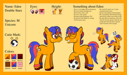 Size: 1920x1134 | Tagged: safe, artist:alexdti, imported from derpibooru, oc, oc only, oc:eden double stars, oc:zendra flame, pony, unicorn, female, football, magic, male, mare, reference sheet, sports, stallion