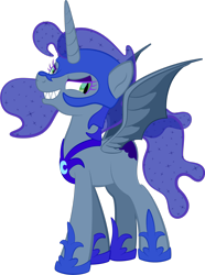 Size: 1920x2583 | Tagged: safe, artist:alexdti, imported from derpibooru, oc, oc only, oc:brainstorm (alexdti), alicorn, bat pony, bat pony alicorn, pony, bat pony oc, bat wings, clothes, costume, evil grin, female, full body, grin, high res, hoof shoes, hooves, horn, looking at you, mare, narrowed eyes, nightmare moon costume, nightmare night costume, sharp teeth, simple background, smiling, smiling at you, solo, spread wings, standing, teeth, transparent background, wings