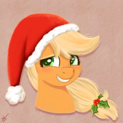 Size: 1882x1882 | Tagged: safe, artist:galaxy swirl, imported from derpibooru, applejack, earth pony, pony, bust, christmas, cute, grin, hat, holiday, holly, jackabetes, santa hat, smiling, solo