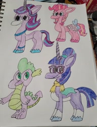 Size: 2856x3728 | Tagged: safe, artist:mintwhistle, imported from derpibooru, pinkie pie, spike, starlight glimmer, twilight sparkle, dragon, earth pony, pony, unicorn, alternate color palette, alternate hairstyle, appaloosa, bow, bracelet, clothes, coat markings, colored hooves, crayon drawing, facial markings, female, g4, g4 to g5, g5, generation leap, glasses, group, hair bow, hair bun, jewelry, looking back, male, mare, missing cutie mark, pale belly, pen drawing, pigtails, quartet, redesign, sash, scarf, scrunchie, sketchbook, smiling, socks (coat markings), star (coat marking), tail, tail bow, towel, traditional art, unicorn twilight, unshorn fetlocks