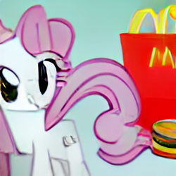 Size: 1024x1024 | Tagged: safe, imported from derpibooru, earth pony, pony, big mac (burger), burger, craiyon, food, hamburger, happy meal, machine learning generated, mcdonald's, not pinkie pie, solo, wat, what has science done