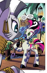 Size: 750x1154 | Tagged: safe, artist:andypriceart, idw, imported from derpibooru, marini, zecora, zebra, spoiler:comic, spoiler:comic89, beautiful, dialogue, duo, farasi, female, g4, mare, multicolored hair, season 10, speech bubble