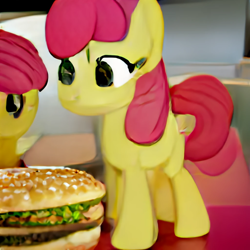 Size: 1024x1024 | Tagged: safe, imported from derpibooru, apple bloom, earth pony, pony, big mac (burger), burger, craiyon, female, filly, foal, food, hamburger, implied big macintosh, machine learning generated, mcdonald's, self paradox, self ponidox, solo