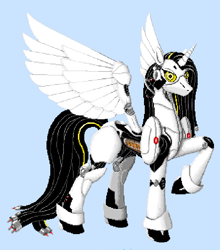 Size: 582x660 | Tagged: safe, artist:theholytuna, imported from twibooru, alicorn, pony, robot, robot pony, angry, better living through science and ponies, bicolor mane, cable mane, cable tail, eyelashes, female, glados, image, mane, mare, pixel art, pixelplanet.fun, png, ponified, portal (valve), robotic arm, robotic hoof, robotic legs, robotic wing, yellow eyes, yellow sclera