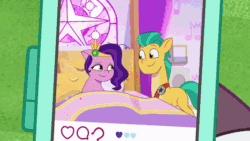 Size: 800x450 | Tagged: safe, imported from derpibooru, screencap, hitch trailblazer, jazz (g5), pipp petals, queen haven, earth pony, pegasus, pony, unicorn, spoiler:g5, spoiler:my little pony: tell your tale, spoiler:tyts01e41, a day in the life (episode), alphabittle blossomforth, animated, background pony, bed, blanket, cellphone, crying, eyes closed, female, fifi (g5), floating heart, g5, gif, glory (g5), happy, heart, male, mare, my little pony: tell your tale, open mouth, open smile, peach fizz, phone, rocky (g5), rufus, seashell (g5), smiling, sparkly eyes, split screen, stallion, tears of joy, two sides, windy (g5), wingding eyes, youtube link