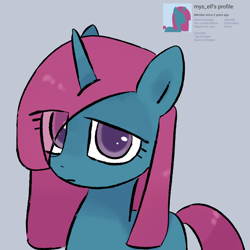 Size: 2048x2048 | Tagged: safe, artist:omelettepony, ponerpics exclusive, oc, oc only, pony, unicorn, derpibooru background pony icon, eye clipping through hair, female, looking at you, mare, profile picture, simple background, text