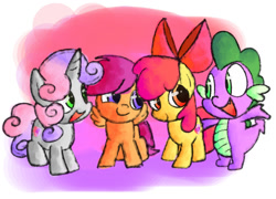 Size: 1500x1080 | Tagged: safe, artist:andromedasparkz, imported from derpibooru, apple bloom, scootaloo, spike, sweetie belle, dragon, earth pony, pegasus, unicorn, cutie mark crusaders, female, filly, foal, male