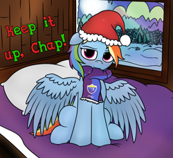 Size: 2772x2526 | Tagged: safe, artist:mark_ml, imported from ponybooru, derpy hooves, rainbow dash, pegasus, pony, /mlp/, 4chan cup, background, bed, blushing, card, christmas, clothes, commission, cute, dashabetes, ears, female, floppy ears, giddy up, hat, holiday, looking at you, mare, moon, pillow, safest hooves, santa hat, scarf, shading, sitting, smiling, smiling at you, solo, spread wings, text, window, wings