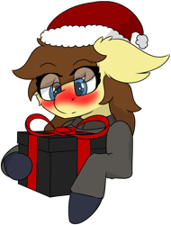 Size: 4471x5898 | Tagged: safe, artist:skylarpalette, imported from derpibooru, oc, oc only, oc:clover springs, earth pony, pony, blushing, christmas, clothes, cute, earth pony oc, female, fluffy, hat, holiday, looking down, mare, present, santa hat, simple background, simple shading, solo, surprised, transparent background, uniform