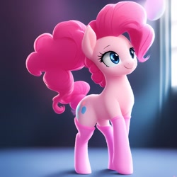 Size: 3072x3072 | Tagged: safe, generator:anything pony: sd is magic, imported from derpibooru, pinkie pie, earth pony, pony, ai content, ai generated, blue eyes, generator:stable diffusion, pink socks, ponytail, simple background, smiling, solo