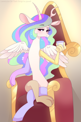 Size: 1992x3000 | Tagged: safe, artist:xjenn9, imported from derpibooru, princess celestia, draconequus, celestequus, crossed legs, cup, draconequified, female, solo, species swap, throne