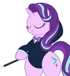 Size: 4600x4976 | Tagged: safe, alternate version, artist:mrvector, imported from derpibooru, starlight glimmer, pony, unicorn, absurd resolution, bipedal, bowtie, clothes, collar, cute, eyes closed, female, glimmerbetes, hind legs, mare, simple background, smiling, solo, standing on two hooves, suit, transparent background, wand, wide hips