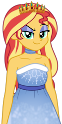 Size: 2894x5794 | Tagged: safe, artist:emeraldblast63, imported from derpibooru, sunset shimmer, human, equestria girls, bare shoulders, choker, clothes, crown, dress, eyeshadow, female, jewelry, lidded eyes, makeup, regalia, simple background, sleeveless, solo, strapless, transparent background