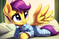 Size: 768x512 | Tagged: safe, imported from derpibooru, scootaloo, pegasus, pony, ai content, ai generated, bed, clothes, cute, cutealoo, female, filly, foal, footed sleeper, footie pajamas, generator:novelai, generator:stable diffusion, on bed, onesie, pajamas, solo
