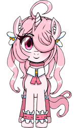 Size: 711x1200 | Tagged: safe, artist:tsudashie, imported from derpibooru, oc, oc only, oc:stella shine, pony, unicorn, derpibooru community collaboration, 2023 community collab, clothes, female, hair covering face, hair ornament, one eye closed, one eye covered, one eyed, pink hair, simple background, smiling, solo, transparent background