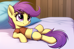 Size: 768x512 | Tagged: safe, imported from derpibooru, scootaloo, pegasus, pony, ai content, ai generated, bed, clothes, female, filly, foal, generator:novelai, generator:stable diffusion, lying down, on back, on bed, panties, purple underwear, shirt, solo, underwear