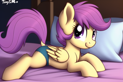 Size: 768x512 | Tagged: safe, imported from derpibooru, scootaloo, pegasus, pony, ai content, ai generated, bed, blue underwear, clothes, dock, female, filly, foal, generator:novelai, generator:stable diffusion, on bed, panties, pillow, solo, tail, underwear