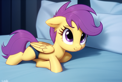 Size: 768x512 | Tagged: safe, imported from derpibooru, scootaloo, pegasus, pony, ai content, ai generated, bed, black underwear, clothes, female, filly, foal, generator:novelai, generator:stable diffusion, looking up, on bed, panties, pillow, solo, underwear