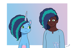 Size: 2800x1800 | Tagged: safe, artist:briarlight, imported from derpibooru, human, pony, unicorn, clothes, colored fetlocks, cornrows, cute, cutie mark on clothes, dark skin, duo, female, freckles, g5, green eyes, human ponidox, humanized, mare, misty brightdawn, mistybetes, sad, self paradox, self ponidox, simple background, transparent background