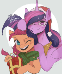 Size: 1585x1886 | Tagged: safe, artist:cadillac-dynamite, imported from derpibooru, sunny starscout, twilight sparkle, alicorn, earth pony, pony, blushing, christmas, clothes, duo, g5, hat, height difference, holiday, looking at you, older, older twilight, present, princess twilight 2.0, santa hat, scarf, smiling, smiling at you, sternocleidomastoid, sunny and her heroine, twilight sparkle (alicorn)