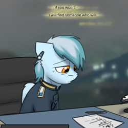 Size: 800x800 | Tagged: safe, artist:captainhoers, imported from derpibooru, oc, oc:concorde, pegasus, pony, the sunjackers, dialogue, looking down, offspring, older, parent:soarin', parent:spitfire, parents:soarinfire, solo